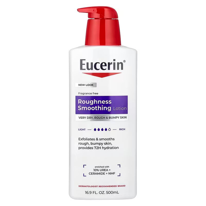 Eucerin Roughness Smoothing Lotion bottle with red pump on a white background