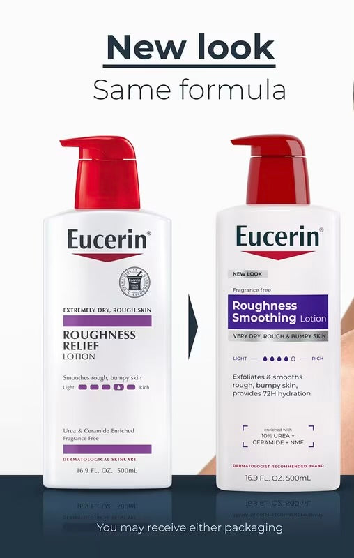 Two Eucerin lotion bottles shown side by side with text reading 'New look Same formula' above and 'You may receive either packaging' below. The left bottle is white with a red pump and purple label accents, and the right bottle is mostly white with a red pump and a purple label panel.