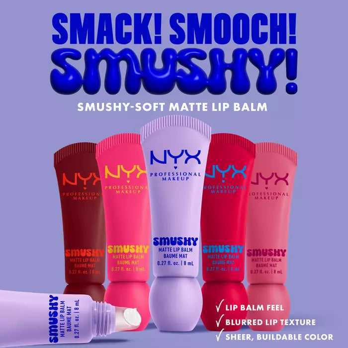 Six NYX Professional Makeup Smushy Matte Lip Balm tubes in assorted colors are lined up against a lavender background with large blue text reading 'SMACK! SMOOCH! SMUSHY!'. A white tube is shown lying open in the lower left, and a list of product benefits appears on the right.