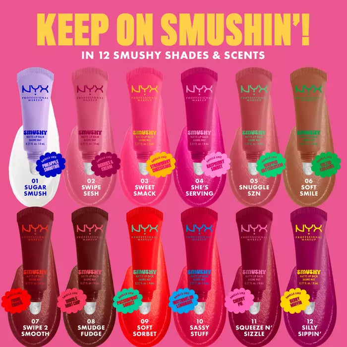 NYX lip products with colorful labels on a pink background