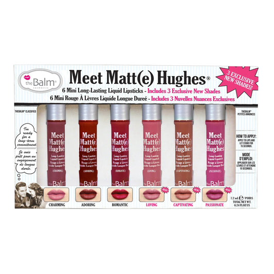 The Balm Meet Matt(e) Hughes lip kit packaging with six lipsticks.